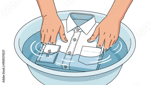 Close up of hands carefully hand washing a white dress shirt in a basin of soapy water for delicate garment care and cleaning.