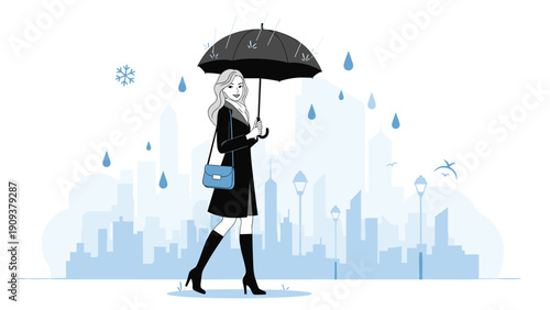 Elegant woman in a black coat and stylish boots walking with a black umbrella during a rainy autumn day in the city.