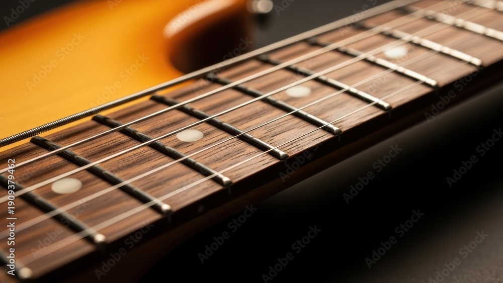 Fototapeta premium Detailed macro shot of an electric guitar's fretboard, showing wooden texture, metal frets, and nylon strings, a musician's dream.