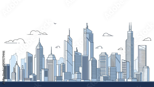 Detailed horizontal line art of a city skyline with various skyscrapers, office buildings, and clouds in a minimalist style.