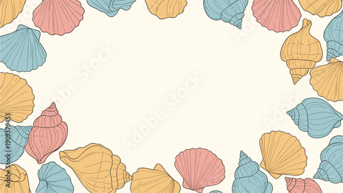 Beautiful border frame composed of various hand drawn seashells and snail shells in pink, blue, and yellow shades.