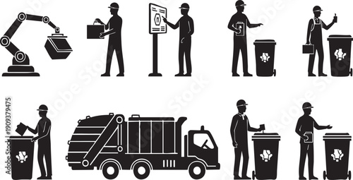 Organized Recycling and Waste Management Silhouette Icon Set