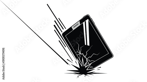Illustration of a modern black smartphone falling to the ground and cracking its glass screen upon heavy impact from a height.