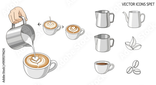 Latte Art Coffee Making Process with Milk Pitcher and Icons