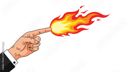 Surprising concept of a human hand with a finger pointing forward while producing a bright burning flame like a magic torch.