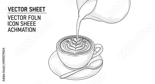 Latte Art Coffee Pouring into Cup with Spoon and Saucer, Hand-Drawn Sketch Style