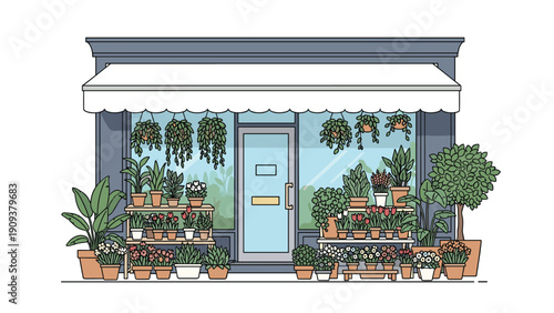 Exterior view of a charming flower shop with large glass windows and many potted plants displayed on shelves and the sidewalk.