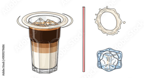 Layered Iced Coffee Drink with Ice Cubes, Straw, and Milk Splash