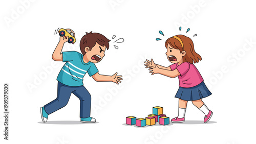 Two young children, a boy and a girl, fighting and arguing over toys including a car and building blocks in a playroom setting.