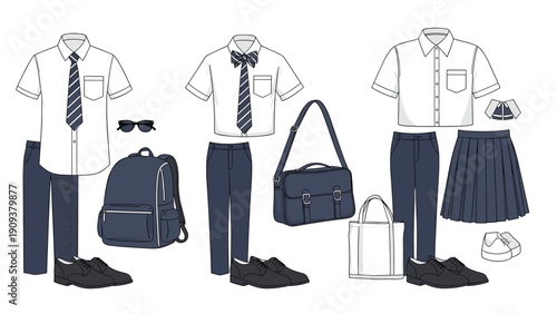 Comprehensive collection of school uniforms, backpacks, and accessories for male and female students of different school levels.