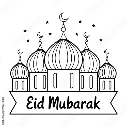 Eid Mubarak greeting card with mosque domes and crescent moons