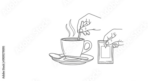 Hand stirring hot coffee with sugar packet and spoon on saucer, close-up line drawing
