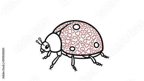 Cute ladybug illustration with a white body and black legs featuring red wings decorated with small white heart shapes.