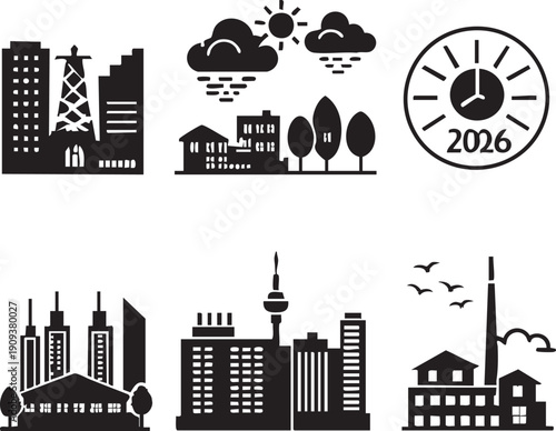 Urban Development and Future Planning Silhouette Icon Set
