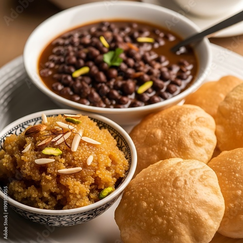 Indian meal with chickpea curry, semolina dessert, and fried bread.