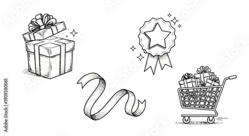 Hand-drawn sketch of gifts, shopping cart, and ribbon, symbolizing rewards and shopping.