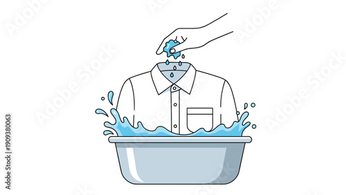 Hands washing a white collared shirt in a grey plastic basin with blue water splashes to show manual laundry cleaning.