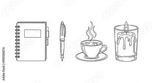Hand-drawn sketch of notebook, pen, coffee cup, and candle for journaling and relaxation