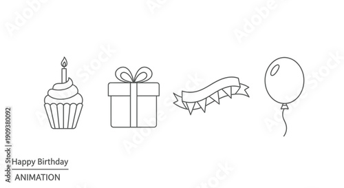 Happy Birthday Animation Icons: Cupcake, Gift Box, Banner, Balloon