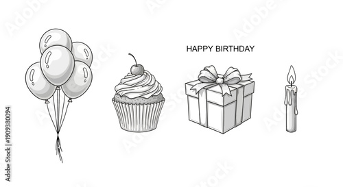 Happy Birthday Celebration Icons: Balloons, Cupcake, Gift Box, Candle - Black and White Sketch