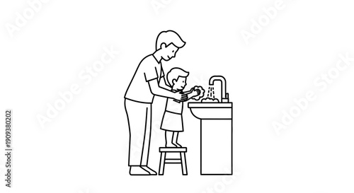 Father teaching child to wash hands at sink, hygiene, health, cleanliness, family bonding