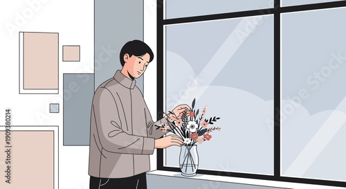 Man Arranging Flowers Near Window, Minimalist Floral Illustration