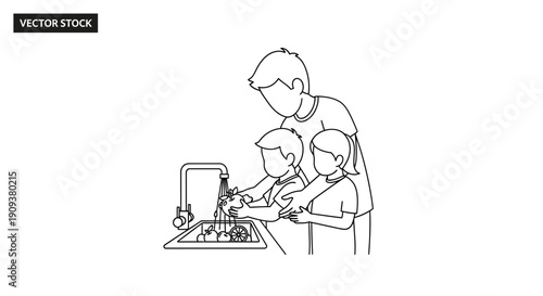 Father teaching children to wash hands and fruits at kitchen sink, hygiene concept