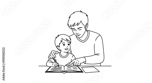 Father teaching son homework, parent helping child with studies, family bonding, education concept