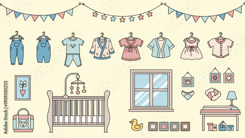Large collection of baby room furniture and accessories including a crib, changing table, clothes, window, and decorations.