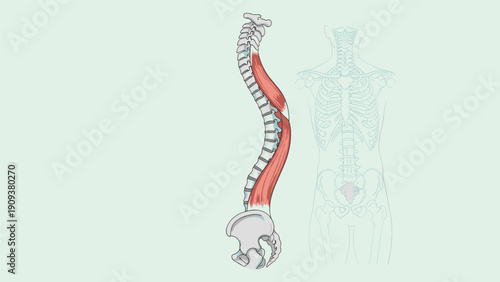 Medical illustration of the human spine and back muscles showing vertebrae and lumbar region from side and posterior views.