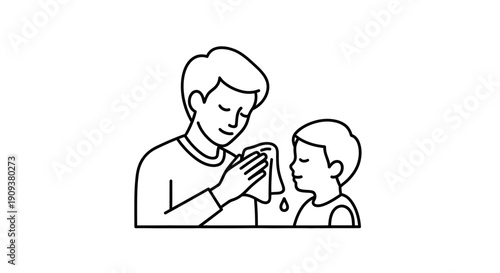 Father wiping child's face with wet wipe, caring moment, hygiene, cleanliness, parent love