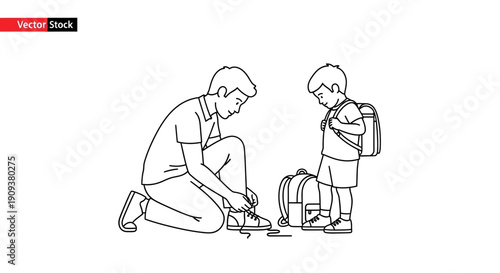 Father Tying Shoelaces for Son Ready for School, Back to School Concept