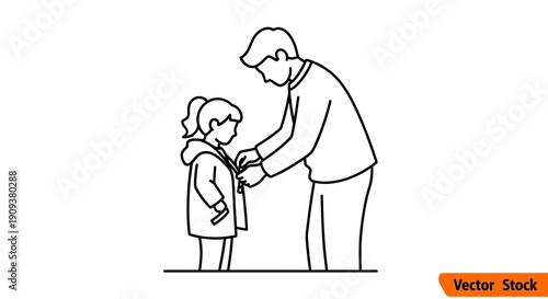 Father zipping up daughter's jacket, caring moment, family bonding, simple line art