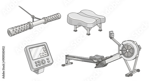 Fitness Equipment Set: Rowing Machine, Handle, Monitor, and Bench