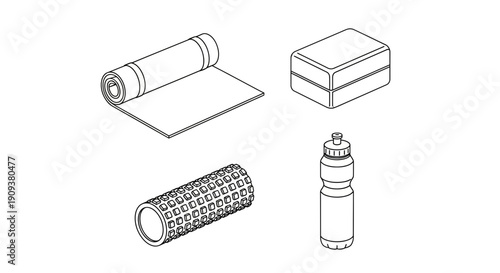 Fitness Equipment Set: Yoga Mat, Foam Roller, Block, Water Bottle - Isometric Line Art