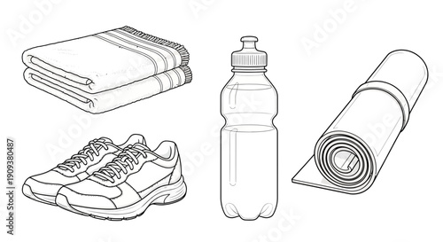 Fitness Gear Essentials: Shoes, Towel, Water Bottle, and Yoga Mat - Healthy Lifestyle Concept