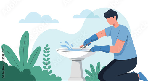 Man Cleaning Bird Bath With Brush and Water, Outdoor Garden Scene
