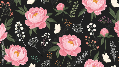Dense seamless floral pattern with blooming pink peonies, white sprigs, and butterflies over a dark background.