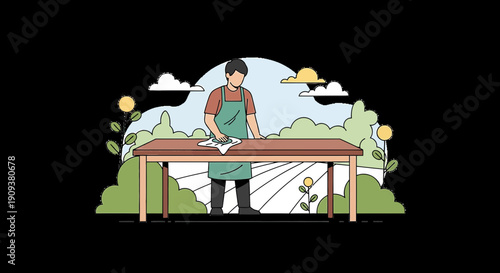 Man Cleaning Table in Garden, Outdoor Spring Scene, Flat Illustration Style