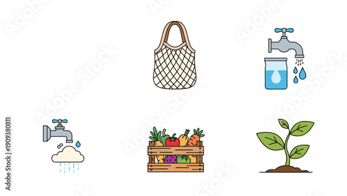 Eco friendly lifestyle icons collection includes a reusable mesh bag, water tap, fresh produce crate, and growing plant on white.