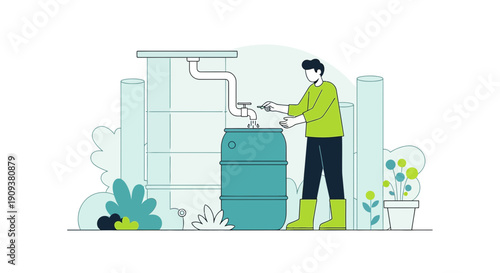 Man collecting rainwater from barrel for garden irrigation illustration