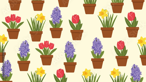 Seamless spring floral pattern features various garden flowers in terracotta pots like red tulips and blue hyacinths on cream.