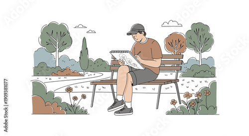 Man Drawing in Sketchbook on Park Bench Surrounded by Nature and Flowers