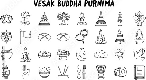 Black and White Line Art Icons for Vesak Purnima Celebration