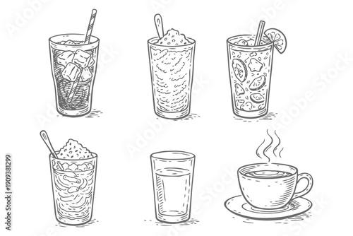Hand Drawn Traditional Fasting Drinks Sketch Style Black and White Vector Set