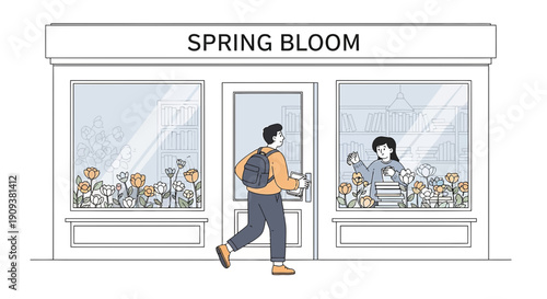 Man Enters Spring Bloom Flower Shop with Backpack, Welcomed by Employee