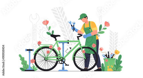 Man Fixing Bicycle Decorated with Spring Flowers and Tools, Eco-Friendly Transport