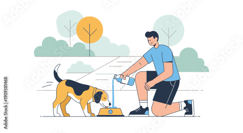 Man gives water to dog in park, summer day, flat illustration style