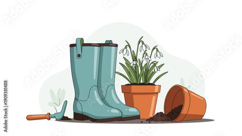 Gardening still life includes a pair of blue rubber boots, a terracotta pot with snowdrops, and a trowel with fresh dark soil.