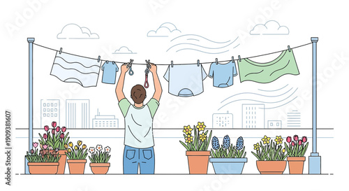 Man hanging laundry on clothesline with city skyline and potted flowers